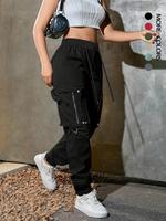Women's Solid Pocket Drawstring Cargo Pants, Street Fashion Casual Trousers for Everyday Daily Wear, Ladies Loose Bottoms for...
