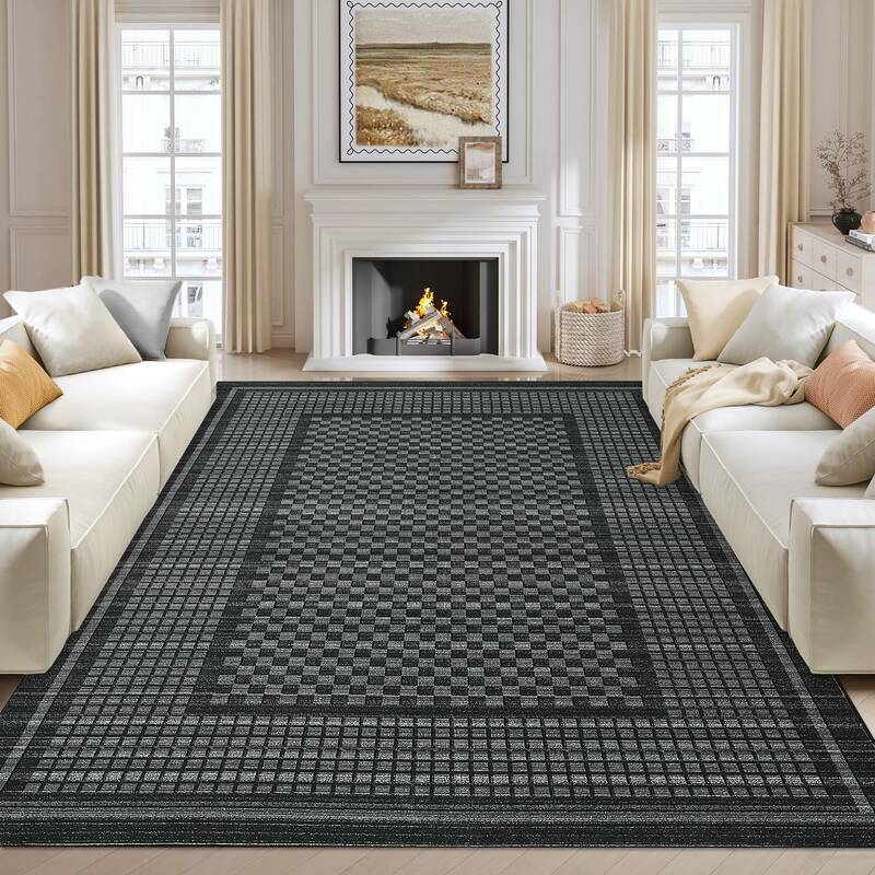 Garvee Washable 9x12 Area Rug Modern Black Non-Slip Low Pile Soft Polyester Stain-Resistant Bedroom Living Room