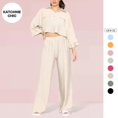 KatchMe Women's Versatile Long Sleeve Button Faux Pockets Crop Top & Elastic Waist Trousers Co-ord, Minimalist Lady Two-Piece...