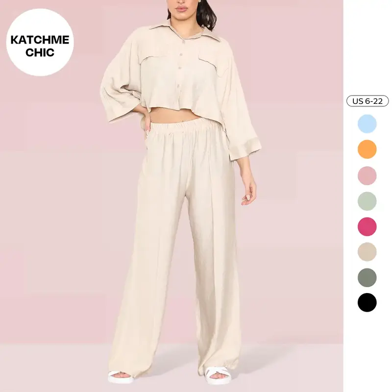 KatchMe Women's Versatile Long Sleeve Button Faux Pockets Crop Top & Elastic Waist Trousers Co-ord, Minimalist Lady Two-Piece...