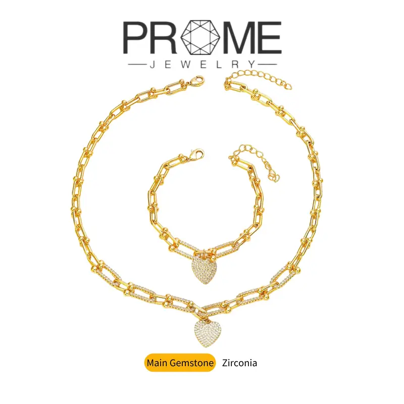 (CS001)Paperclip Chain Choker Necklace Heart Pendant Bracelet Set Minimalist Classic Design Romantic and Elegant Sparkling Lo...