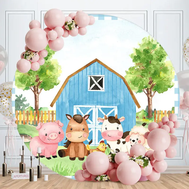 Aperturee Blue Farm Cartoon Animal Baby Shower Backdrop