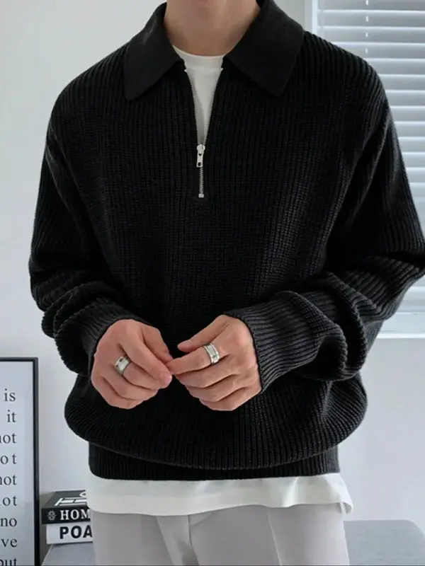Men's Solid Zip Up Half Placket Longsleeves Collar Sweater, Regular Fit Casual Cozy Long Sleeve Jumper for Fall, Men's Fall K...