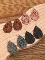 4 Pair Boho Hollow out Design Wooden Dangle Earrings, Vintage Style Water Drop Ear Jewelry for Women, Casual Jewelry for Part...