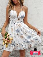 Women's Floral Print Shirred Halter Cami Dress, Casual Elegant Tie Back Backless Short Dress for Summer, Ladies Halter Neck C...