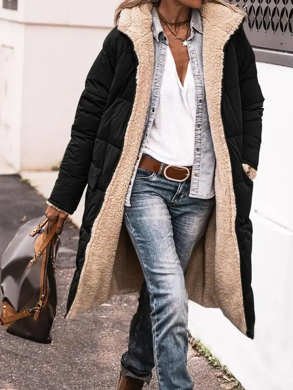 Women's Solid Pocket Zipper Hooded Winter Coat, Casual Thermal Lined Long Sleeve Reversible Outerwear for Daily Outdoor Wear,...