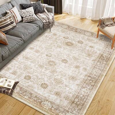 Garvee Area Rug Washable Printed Vintage Floral Non Slip Low Pile Rugs Soft Rubber Backed Indoor Bedroom Rugs 5x7ft Beige