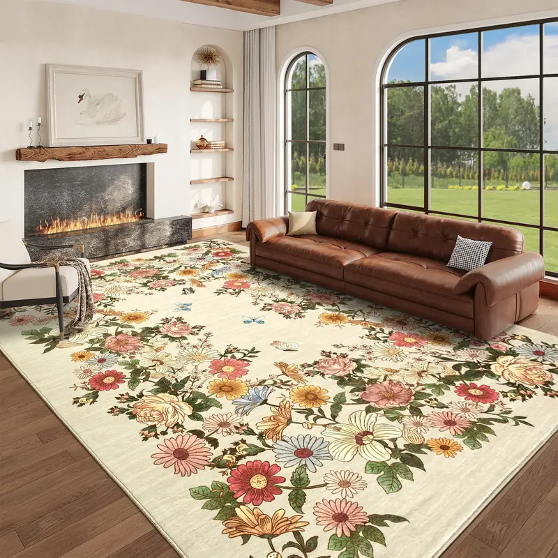 Garvee Rugs for Living Room 5x7, Washable Floral Area Rug, Non Slip Soft Low Pile Carpet for Bedroom Kitchen Dorm Room, Beige