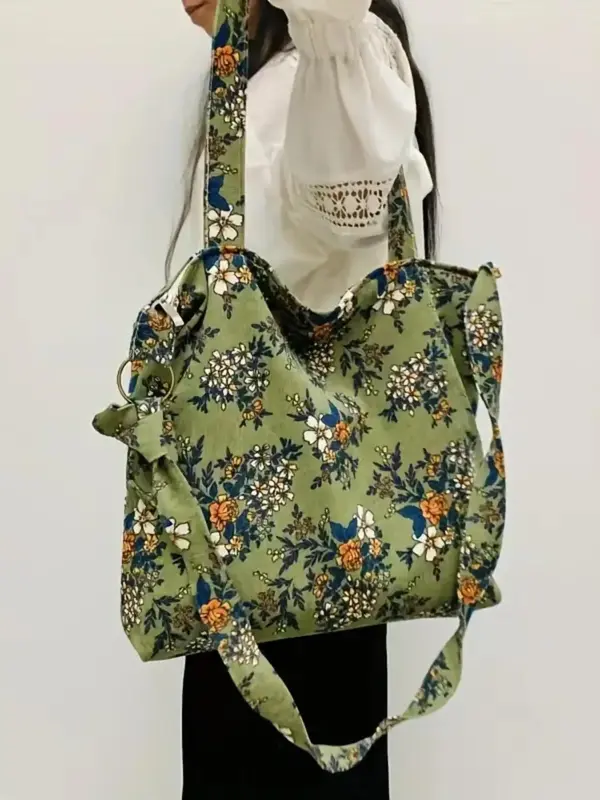 Women's Ditsy Floral Pattern Tote Bag, Vintage Trendy Large Capacity Shoulder Bag, Fashionable Canvas Tote Bags for Daily Use