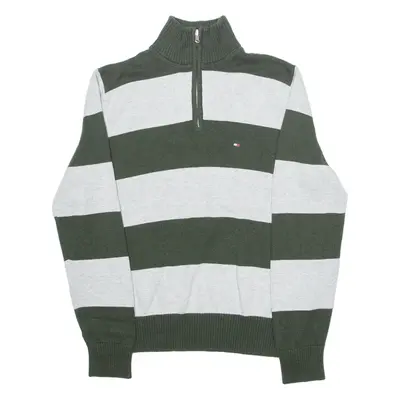 TOMMY HILFIGER Mens Patterned Jumper Grey Striped 1/4 Zip Tight Knit S
