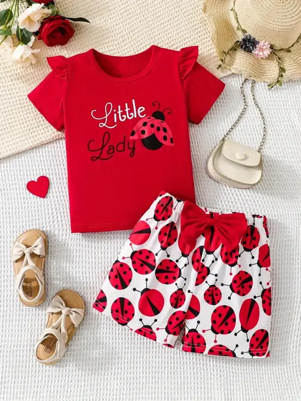 Girl's Letter Print Short Sleeve Top & Bow Decor Shorts Two-piece Set, Cute Casual Round Neck T-shirt & Shorts, Kids Summer C...