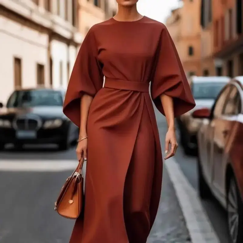 2025 New Fashionable Elegant Solid Color Waist-Cinching Dress Casual Batwing Sleeve Long Dress Classy Modest Dresses Modesty ...