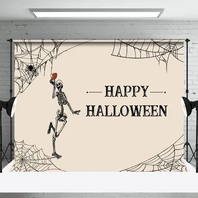 Aperturee Drinking Skeleton Spider Wab Happy Halloween Backdrop - Aperturee