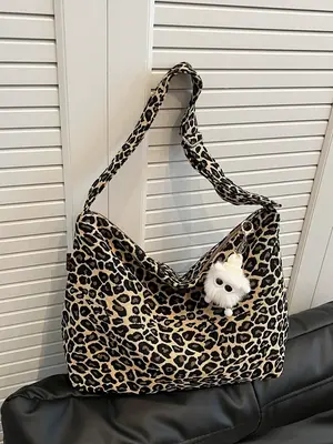 Leopard Pattern Shoulder Bag with Cute Charm, Large Capacity Zipper Shoulder Bag for Work & School, Trendy All-match Bag for ...