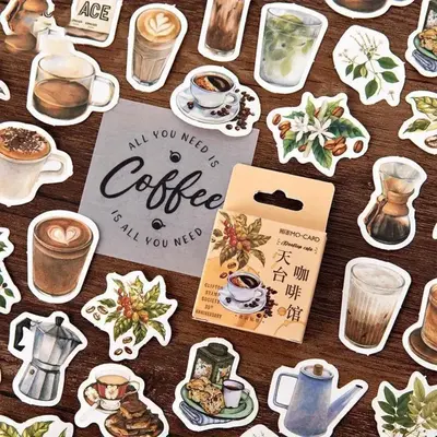 Vintage Coffee Themed Sticker, 46pcs/set Coffee Time Sticker, Decorative Sticker for Scrapbook & Journal & Album