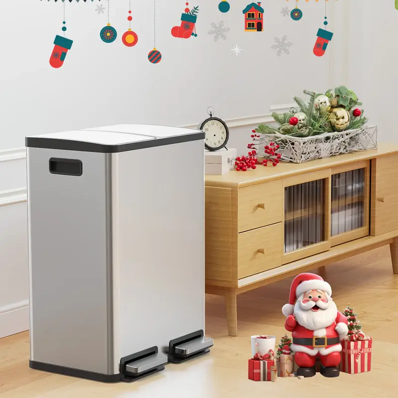 【Deal】SweetFurniture Dual Compartment 16 Gallon Stainless Steel Kitchen Trash Can with Lid and Step Pedals,Fingerprint Pr...