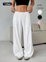 Women's Solid Color Drawstring Waist Wide Leg Pants, Casual Comfy Loose Fit Trousers for Everyday Daily Wear, Ladies Woven Bo...