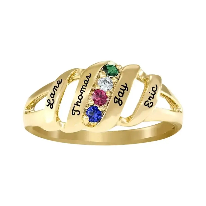 10K Gold Round Cubic Zirconia Personalized Birthstone Engraving Ring For Women