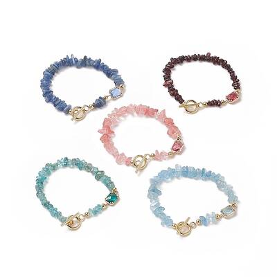 Glass Rectangle Link Bracelet with Natural & Synthetic Mixed Gemstone Chips Beaded Chains for Women