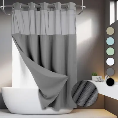 No Hooks Required Waffle Weave Shower Curtain with Snap in Liner - 71W x 74H,Hotel Grade,Spa Like Bath Curtain,Gray,New Year ...
