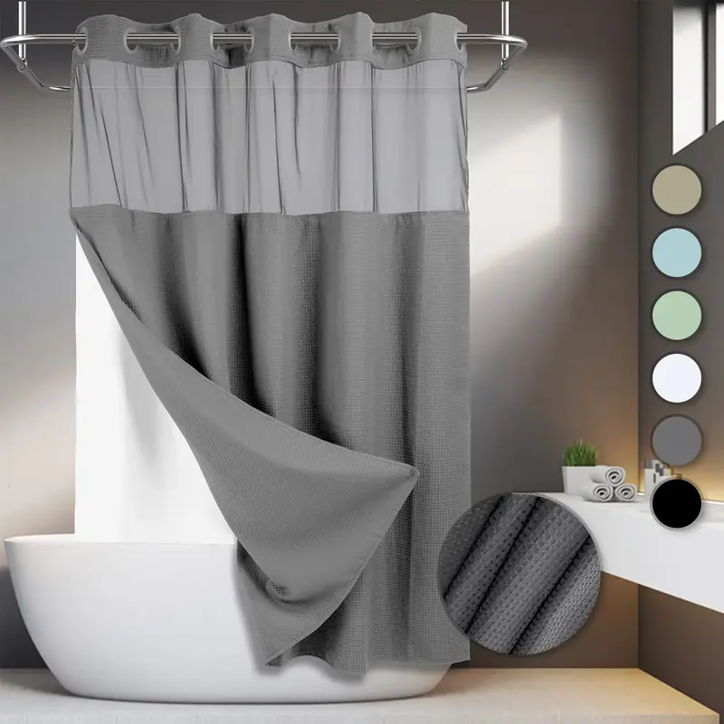 No Hooks Required Waffle Weave Shower Curtain with Snap in Liner - 71W x 74H,Hotel Grade,Spa Like Bath Curtain,Gray,New Year ...
