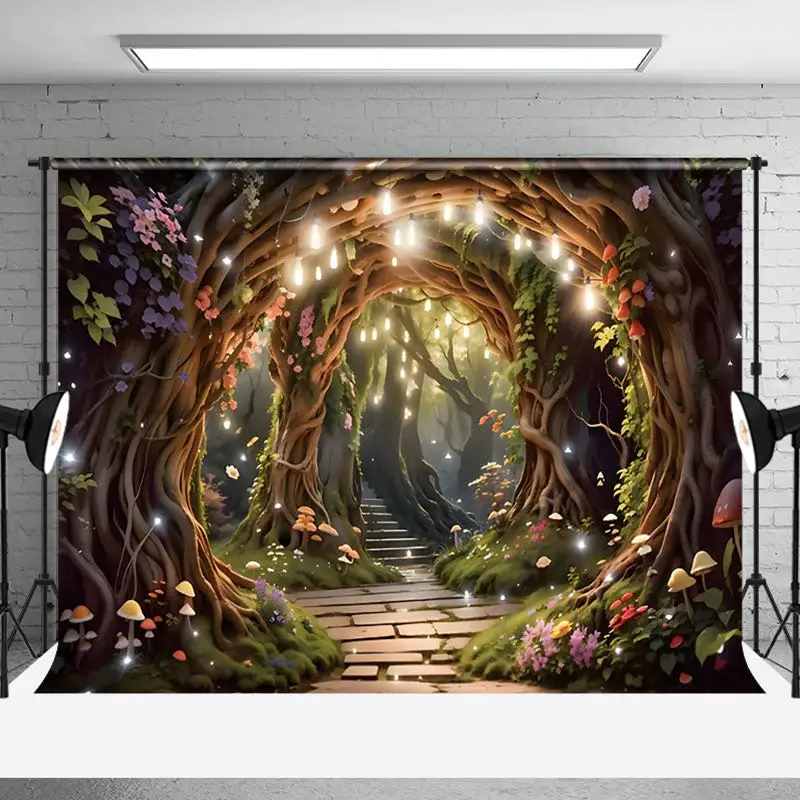 Fairy Tale Arch Branch Stone Steps Forest Backdrop - Aperturee