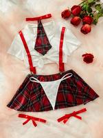 Women's Plain Crop Top & Pleated Suspender Skirt & Thong & Tie & Bow Decor Thigh Band Set, Sexy School Girl Adjustable Costum...