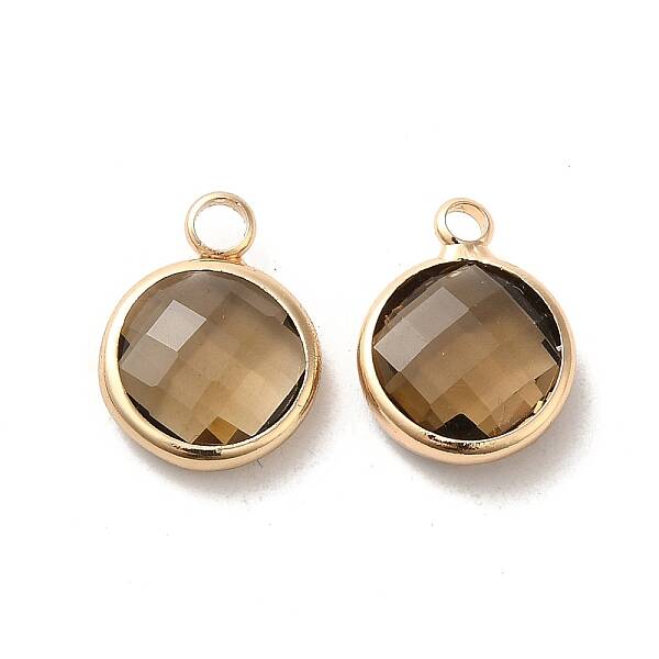 Golden Tone Brass Glass Flat Round Charms