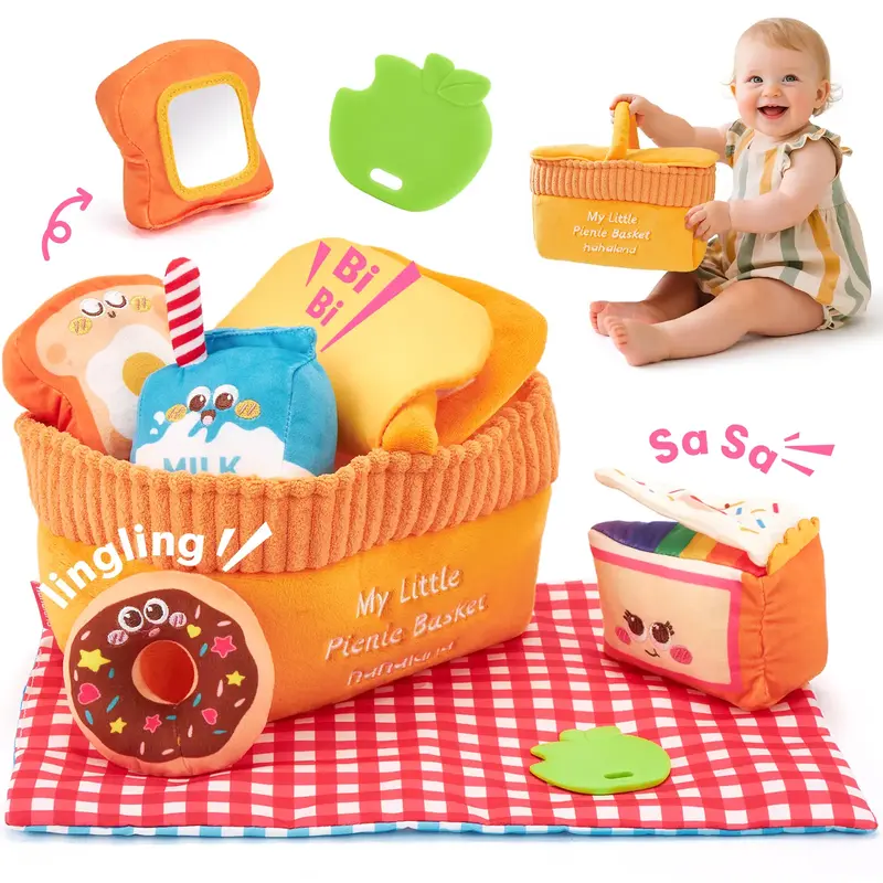 Hahaland Baby Toys 6-12 Months – Picnic Basket Sensory Toy with Crinkle, Rattles, Teether & Mirror, Montessori Play Food Pl...