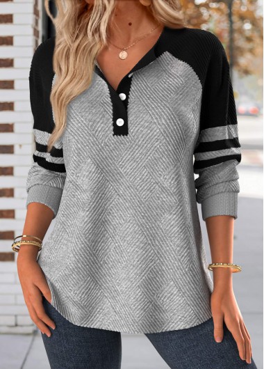 Modlily Light Grey Button Long Sleeve Split Neck Sweatshirt - L