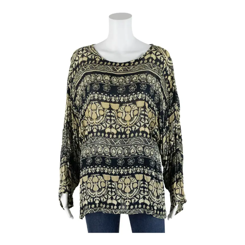 CASUALCORNER & CO Embellished Blouse Black 90s Crazy Pattern Long Sleeve Womens M