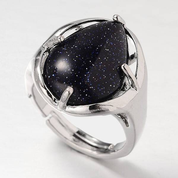 Teardrop Platinum Tone Brass Gemstone Adjustable Wide Band Rings
