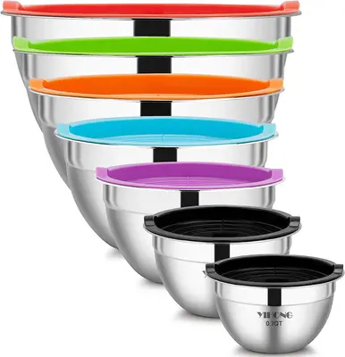 YIHONG 7 Piece Mixing Bowls with Lids for Kitchen, Stainless Steel,Ideal for Baking, Prepping and Serving Food, Metal Bowls f...
