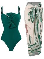 2 Counts Women's Plain Backless Twist Front Cami Bodysuit & Knot Front Cover Up Skirt Swimwear Set, Adjustable Strap One-piec...