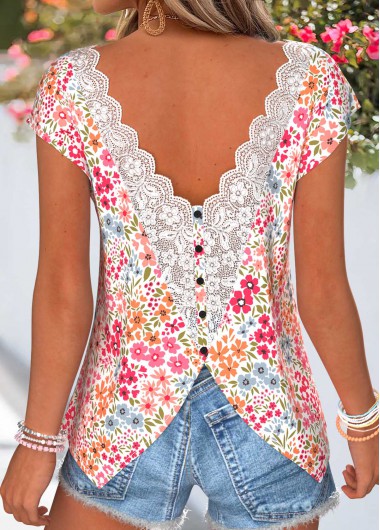 Modlily Pink Floral Print Tummy Coverage Short Sleeve T Shirt - L