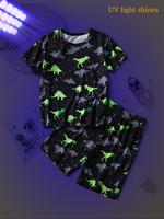 Toddler Boy's Glow in The Dark Dinosaur Print Short Sleeve Tee & Shorts Two-piece Set, Casual Round Neck T-shirt & Elastic Wa...