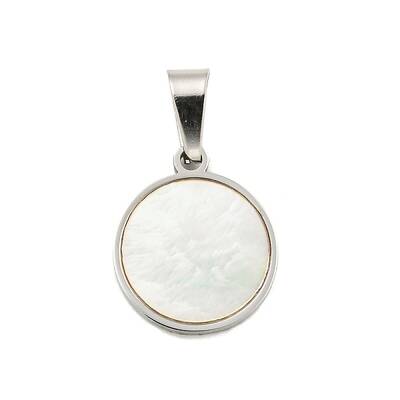 304 Stainless Steel Pave Natural White Shell Flat Round Charms