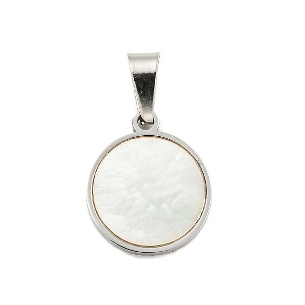 304 Stainless Steel Pave Natural White Shell Flat Round Charms