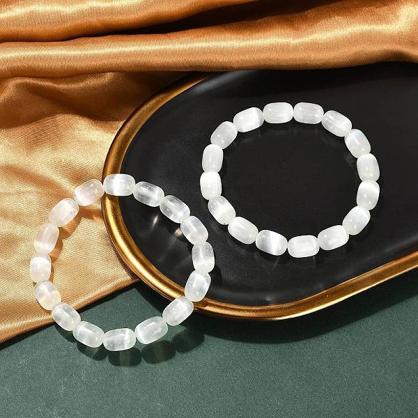 Dyed Natural Selenite Column Beaded Stretch Bracelets for Women