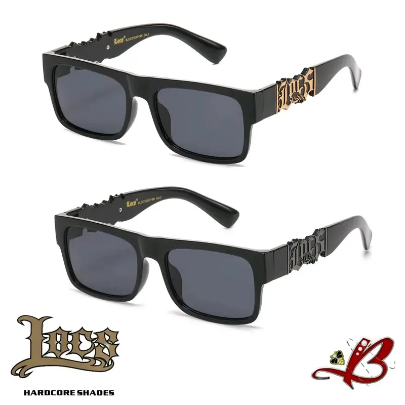 LOCS Main Event Big Cutout Logo Black Glossy Gold/Gunmetal Metallic Adorned Retro Modern Full Frame Flat Top Dark Lens Shades...