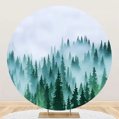 Foggy Forest Pine Tree Round Birthday Party Backdrop - Aperturee