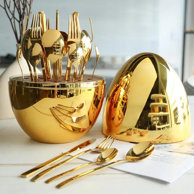 Creative Egg Design Easter Tableware Set, 24pcs Stainless Steel Cutlery & 1 Count Egg-shaped Utensils Holder for Home Use, Ki...