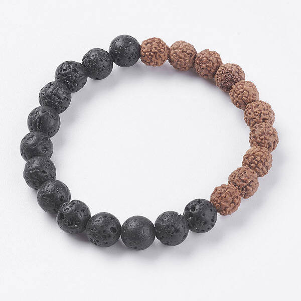 Natural Lava Rock and Rudraksha Beads Stretch Bracelets