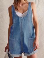 Women's Solid Color Denim Overalls, Casual Comfy Fitted Sleeveless Overalls for Daily Wear, Ladies Clothes for Spring & Summ...