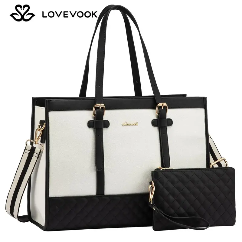 LOVEVOOK Laptop Tote Bag with Clutch Purse, Canvas Computer Bag Office Briefcase, Casual Handbag for Travel, Crossbody for Co...