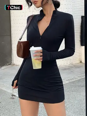 Women's Plain Stand Collar Zip Up Bodycon Dress, Casual Long Sleeve Zip Front Mini Dress for Spring & Fall, Dresses Summer, W...