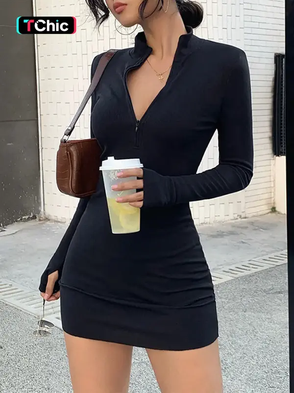 Women's Plain Stand Collar Zip Up Bodycon Dress, Casual Long Sleeve Zip Front Mini Dress for Spring & Fall, Dresses Summer, W...