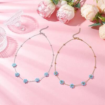 2Pcs 2 Colors Brass & Faceted Round Glass Beaded Flower Link Chain Necklaces