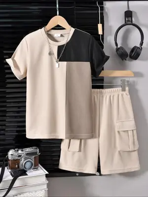 Two-Piece Set Boy's Colorblock Print Short Sleeve Tee & Plain Pocket Elastic Waist Shorts, Casual Comfort and Functionality ...