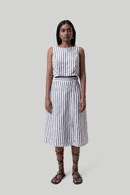 Overlap Midi Skirt in Linen Stripes | Color: Striped Linen | Size: 2XL